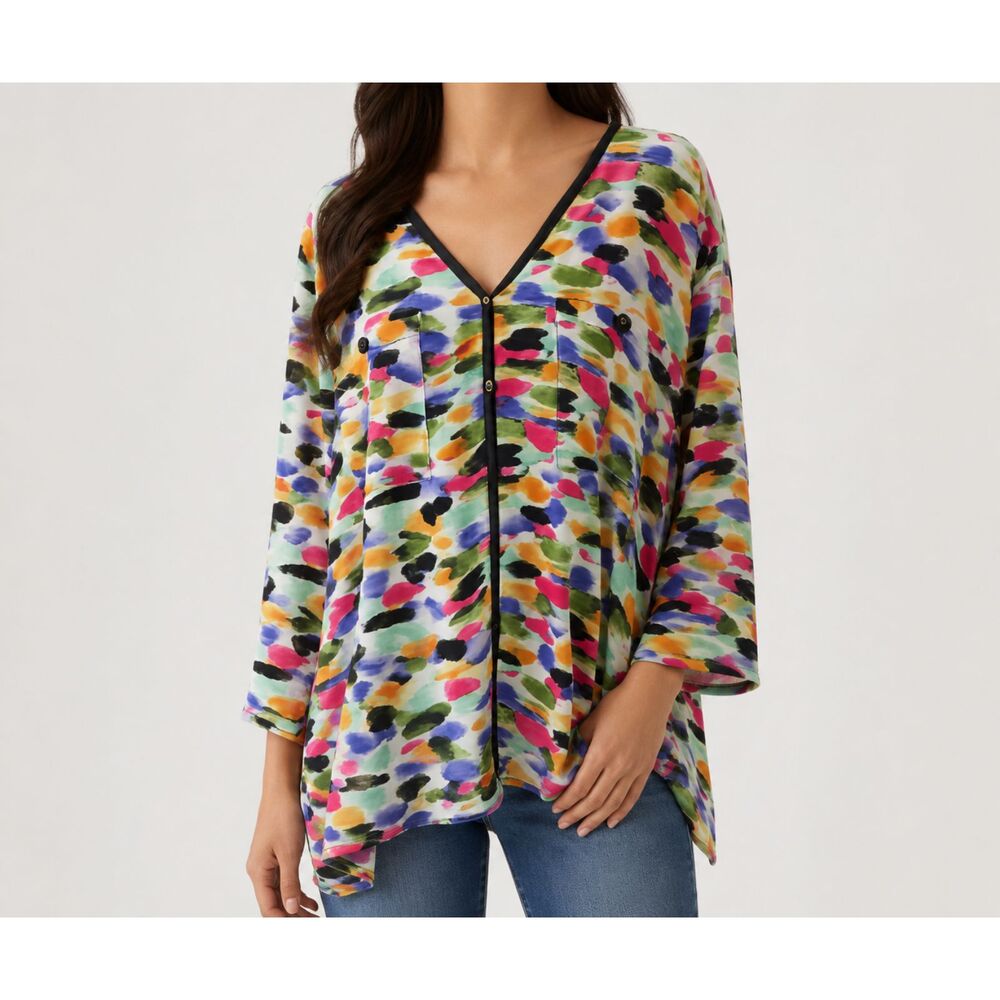 From the Heart Women’s Top Size L Multicolor Abstract Print V-Neck Button Front
